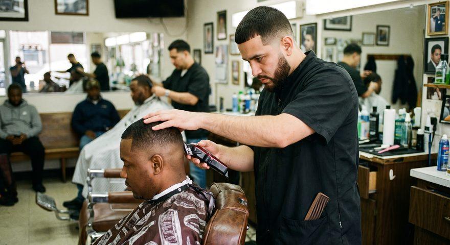 A barber in a black smock doing a skin fade on a seated client with cordless clippers, his hand steadying the client's head, in a busy barbershop with other barbers and waiting customers behind