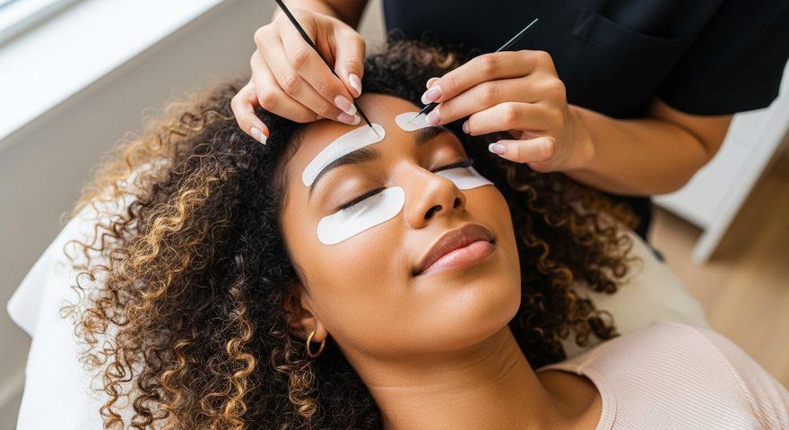A client with curly hair lying back with her eyes closed and white pads under her eyes, while a lash tech's hands hold two tweezers at her lash line, a dark sleeve at the top of the frame