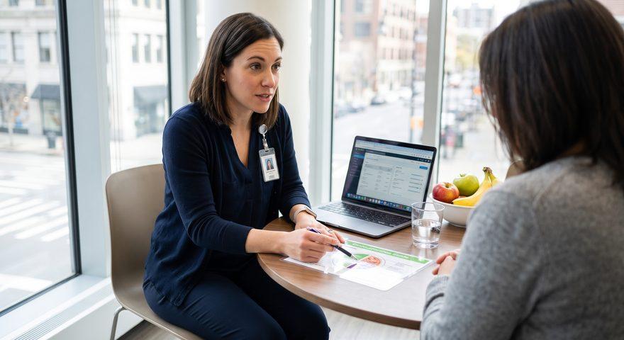 A dietitian in a navy cardigan with a hospital badge explains a printed meal-portion handout to a client across a small round table by a window, a laptop and a bowl of fruit beside them
