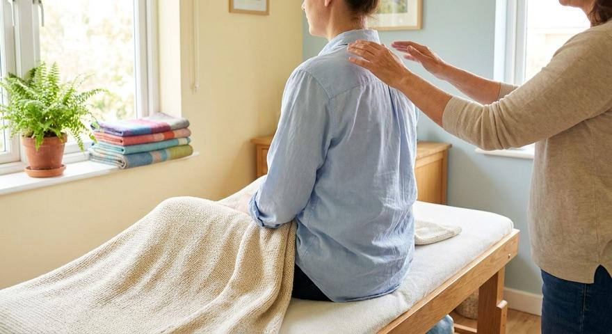 A practitioner standing behind a woman seated on a treatment table, one hand at her shoulder and the other held just above it, in a bright room with a fern on the windowsill and folded blankets stacked beside it
