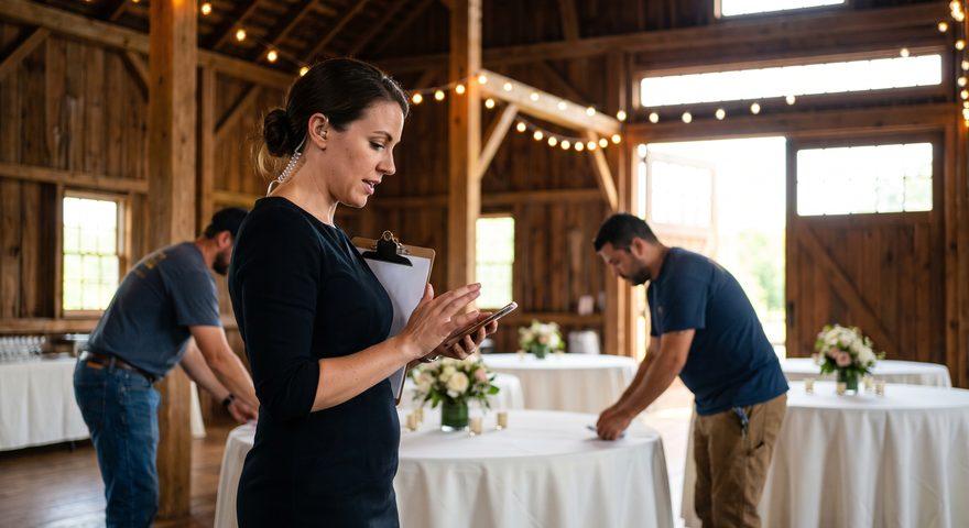 A wedding planner in a black dress with an earpiece checks her phone and clipboard while two vendors lay white linens on round tables in a barn venue strung with lights