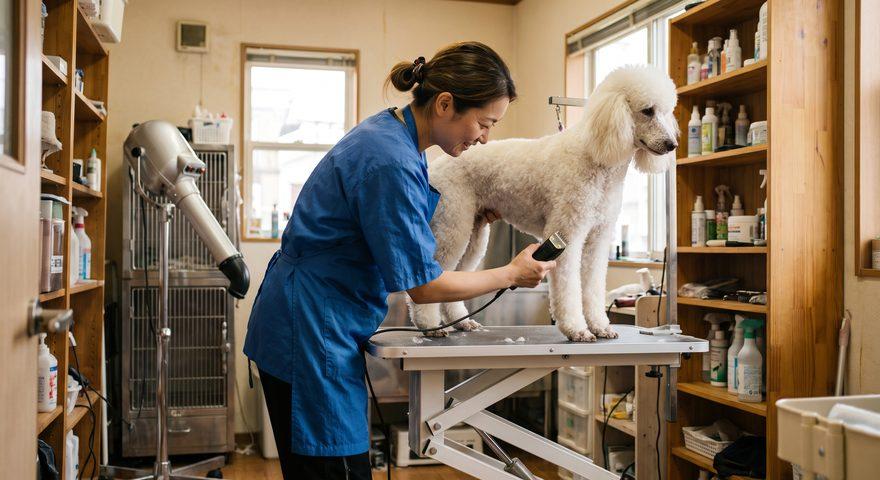 A groomer in a blue smock clips a standing white standard poodle on a grooming table in a small salon with shampoo shelves and a dryer
