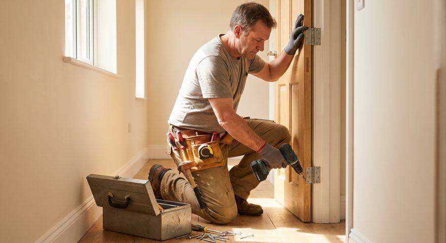 A handyman in a gray T-shirt, work trousers and a leather tool belt kneeling in a bright hallway, steadying an interior door with one hand while driving a hinge screw with a cordless drill, an open metal toolbox and loose screws on the wooden floor beside him