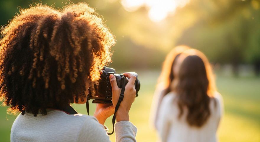 A woman with curly hair in a gray sweater, seen from behind, raising a camera to photograph a long-haired girl in a white top in a sunlit park, with trees out of focus behind them